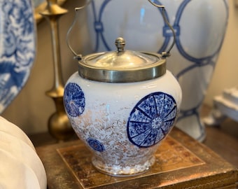 Antique James Kent Osaka Biscuit Jar | Blue White Chinoiserie Porcelain Brass Lid