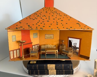 Juego de muebles antiguos para casa de muñecas Tootsietoy de la década de 1920, miniaturas de metal Dowst Chicago, casa de cartón.