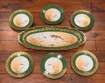 Antique Theodore Haviland Limoges Fish Set – Hand Painted & Signed, Large Fish Platter + 6 Plates