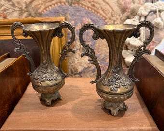 Vintage Italian Brass Urn Vase Pair, Made in Italy Footed Brass Vases