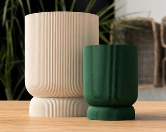Moderne geribbelde plantenbak – 3D-geprinte plantenpot met draaisluiting afvoerbak, Japandi binnenplanter, minimalistisch decor