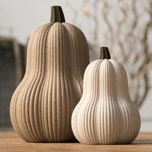 Könnte beinhalten: Zwei dekorative kürbisförmige Ornamente mit einer texturierten, gerippten Oberfläche. Das größere Ornament ist in einem hellen Beigeton gehalten, während das kleinere eine cremeweiße Farbe aufweist. Beide haben einen kurzen, dunkelbraunen Stiel.