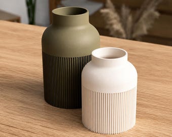 Hiku Japandi-vazenset – minimalistisch geribbeld vaasdecor, Scandinavisch modern middelpunt, neutraal esthetisch huisaccent, eigentijds decor
