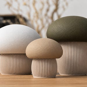 Op de afbeelding: Drie paddestoelvormige decoratieve objecten met getextureerde, ronde hoeden in wit, beige en olijfgroen. Elk stuk heeft een lichtgekleurde, cilindrische voet met verticale ribbeldetails, wat zorgt voor een uniforme uitstraling.