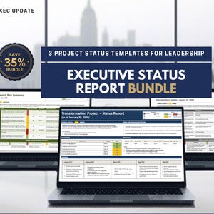 May include: Three laptops displaying project status report templates. The central laptop shows a detailed report with data tables. The image includes the text "EXECUTIVE STATUS REPORT BUNDLE" and "SAVE 35% BUNDLE". The background is a blurred cityscape.