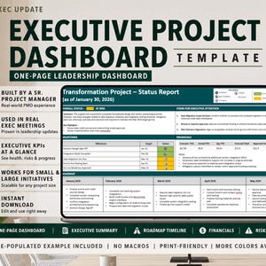 Könnte beinhalten: Eine Vorlage für ein Executive-Projekt-Dashboard auf einem Laptop-Bildschirm. Das Dashboard enthält einen Statusbericht zum Transformationsprojekt, Meilensteine, Finanzen und eine Roadmap-Zeitachse. Der Text umfasst "Executive Project Dashboard Template" und "Transformation Project - Status Report (as of January 30, 2026)."