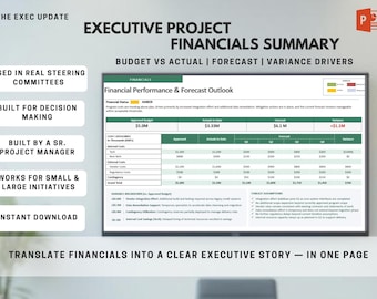 Presentazione finanziaria del progetto per dirigenti, modello di analisi delle variazioni di budget rispetto alle previsioni effettive, presentazione PowerPoint sul rapporto finanziario sullo stato del progetto, dashboard PMO