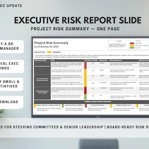 May include: A digital presentation slide titled "Executive Risk Report Slide" with the text "Project Risk Summary - One Page." The slide includes a project risk summary table with risk outlook, risk level, and mitigation plan details. The slide is designed for steering committees and senior leadership.