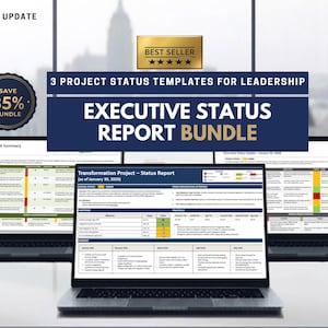 Peut inclure: Image de trois ordinateurs portables affichant des modèles de rapports d'état de projet. L'ordinateur central affiche un rapport détaillé intitulé "Transformation Project - Status Report". L'image comprend le texte "Executive Status Report Bundle" et "Best Seller".