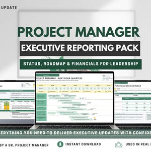 May include: Three laptops displaying project management reports. The text on the screen includes "Project Roadmap" and "Performance & Forecast Outlook." The image also features the text "Project Manager Executive Reporting Pack" and "Everything you need to deliver executive updates with confidence."