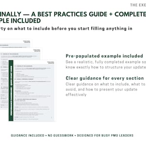 May include: Image of a white background with text and three documents. The text reads "AND FINALLY - A BEST PRACTICES GUIDE + COMPLETED EXAMPLE INCLUDED". The documents are labeled "PERFORMANCE DASHBOARD - QUICK START GUIDE".