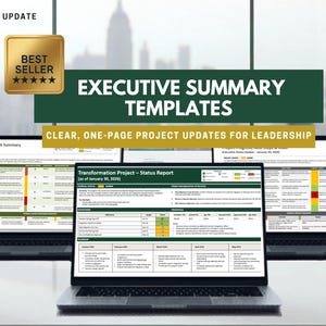 May include: Three laptops displaying executive summary templates. The central laptop shows a detailed status report. The image includes text that reads "Executive Summary Templates" and "Clear, One-Page Project Updates for Leadership."