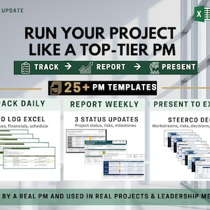 May include: An infographic promoting project management templates. The text reads "RUN YOUR PROJECT LIKE A TOP-TIER PM" and highlights features like RAID log Excel, status updates, and a Steerco deck. It also mentions "25+ PM TEMPLATES."