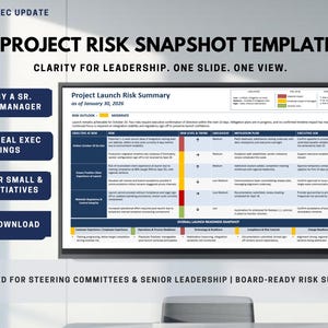 Könnte beinhalten: Eine digitale Projekt-Risiko-Snapshot-Vorlage, die auf einem Bildschirm angezeigt wird. Die Vorlage enthält eine Risikoübersicht mit Abschnitten für Risikoausblick, Risikostufen und Minderungspläne. Der Text auf dem Bildschirm enthält "Project Risk Snapshot Template" und "Instant Download."
