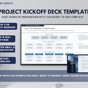 May include: A digital project kickoff deck template with the text "PROJECT KICKOFF DECK TEMPLATE" and "SAVE HOURS OF PREPARATION WITH THIS READY-TO-USE TEMPLATE". The template includes a project structure diagram and an agenda on a tablet.