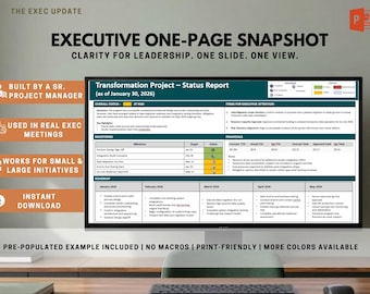 Project One Pager Template | Executive Project Snapshot PowerPoint | One Page Leadership Status Slide | PMO Reporting