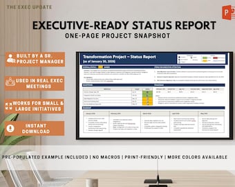 Executive Status Report Template | Project Update Dashboard (PowerPoint) | One Page Project Snapshot | PMO Reporting Template