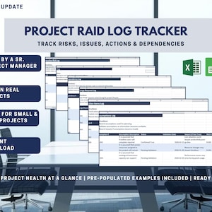 Op de afbeelding: Een projectmanagementtool, de Project RAID Log Tracker, wordt op een tafel weergegeven. Het document volgt risico's, problemen, acties en afhankelijkheden. De afbeelding bevat de tekst "Built by a Sr. Project Manager", "Used in Real Projects" en "Works for Small & Large Projects".