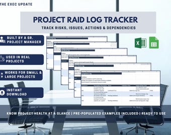 Modelo de Registro RAID em Excel | Rastreador de Dependências de Ações, Riscos e Problemas | Registro RAID do Projeto | Rastreador de Gerenciamento de Projetos | Registro de Riscos e Problemas do PMO