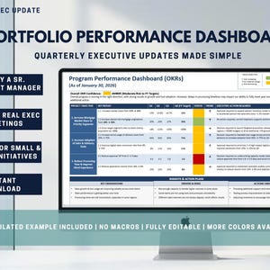 Könnte beinhalten: Ein Computermonitor zeigt ein Portfolio-Performance-Dashboard mit vierteljährlichen Executive-Updates. Das Dashboard enthält Diagramme, Grafiken und wichtige Leistungskennzahlen. Der Text enthält "Program Performance Dashboard" und "Instant Download."