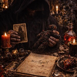 May include: A dark, atmospheric scene featuring a hooded figure holding a voodoo doll and a vintage photograph. Lit candles, a bottle, and a book with the text "MarSpell" create a mystical ambiance. The scene evokes themes of magic and ritual.