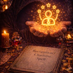 Puede incluir: Escena mística con una persona con una capa con capucha sosteniendo una figura brillante con estrellas. Un libro abierto titulado "Recognition / Charisma Spell" está sobre una mesa con monedas y velas. Paleta de colores cálidos.