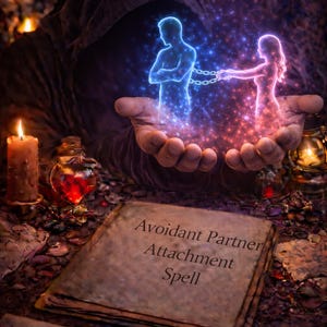 Könnte beinhalten: Mystische Szene mit einer Kapuzenfigur, die leuchtende Figuren eines Mannes und einer Frau hält, die durch Ketten verbunden sind. Der Text "Avoidant Partner Attachment Spell" ist auf einem Papierstapel zu sehen.