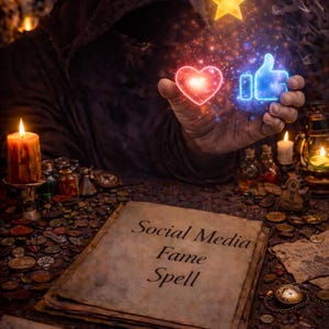 May include: An image depicting a mystical scene with a person in a dark hooded robe holding glowing social media symbols: a heart, a thumbs-up, and a star. A scroll reads "Social Media Fame Spell."
