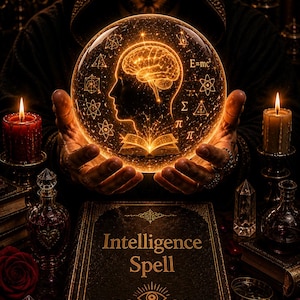Puede incluir: Imagen mística con una persona con una túnica oscura sosteniendo un orbe brillante. El orbe muestra un cerebro y símbolos matemáticos. Un libro titulado "Intelligence Spell" está en primer plano, con velas y objetos mágicos.