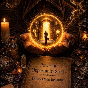 May include: An image of a mystical scene with a person in a dark robe holding a glowing orb with a doorway. The orb is surrounded by keys and stars. A book with the text "Powerful Opportunity Spell - Doors Open Instantly" is in the foreground.