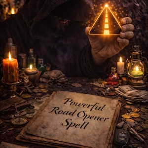 May include: An image of a mystical scene with candles, potions, and coins. A person in a dark hood holds a glowing road-shaped symbol. A parchment reads "Powerful Road Opener Spell". The marSpell logo is visible.