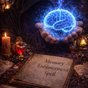 May include: A mystical scene featuring a glowing blue brain held in cupped hands, surrounded by electric energy. A stack of aged paper with the words "Memory Enhancement Spell" is in the foreground, along with candles and potions.