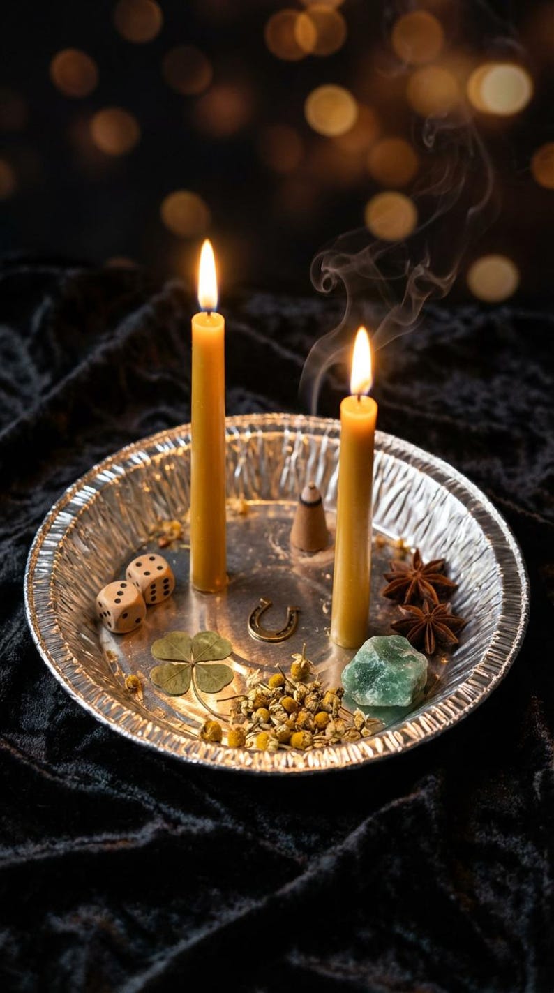May include: Two lit yellow candles on a silver tray with dice, a horseshoe, four-leaf clover, star anise, and a green crystal. Smoke rises from the candles, suggesting a ritual or spiritual theme.