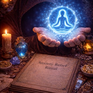 May include: An image depicting a spiritual ritual. A person in a hooded robe holds a glowing blue orb with a meditating figure. A book titled "Anxiety Relief Ritual" is open on a table with candles, crystals, and a small vial.