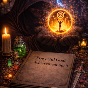 May include: An image of a person in a hooded robe holding a glowing orb with a target symbol and a figure with raised arms. A book with the text "Powerful Goal Achievement Spell" is open in front of them, with candles and a dagger nearby.