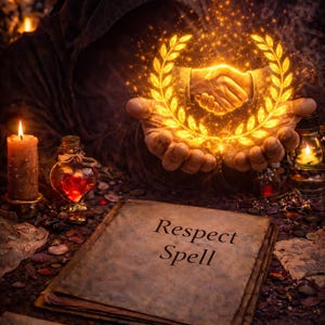 May include: An image of a hooded figure holding a glowing golden wreath with a handshake in the center. A stack of aged paper with the words "Respect Spell" is in the foreground, along with a potion bottle and a lit candle.