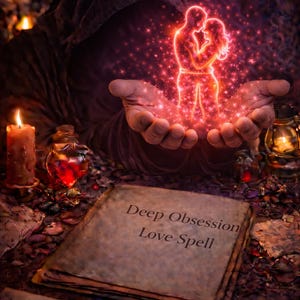 May include: An artistic image featuring a glowing couple silhouette held in cupped hands, surrounded by red light and stars. A stack of aged paper with the text "Deep Obsession Love Spell" is in the foreground, along with candles and potion bottles.