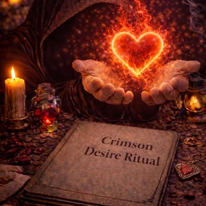 May include: An artistic image featuring a glowing heart held in cupped hands, with a hooded figure in the background. A book with the text "Crimson Desire Ritual" is in the foreground, along with candles and a pendant.