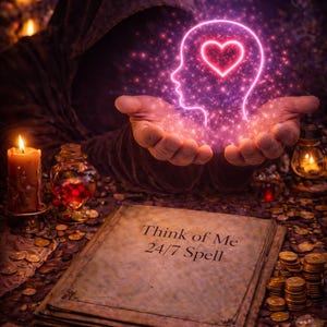 May include: An image of a mystical scene with a glowing head silhouette containing a heart, held in cupped hands. A book with the text "Think of Me 24/7 Spell" sits on a table with coins and candles. The image has a magical theme.