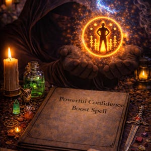 Puede incluir: Escena mística con una persona con una túnica oscura con capucha sosteniendo un orbe brillante con una figura en su interior. Un libro abierto dice "Powerful Confidence Boost Spell". Velas, una daga y otros objetos mágicos están dispersos.