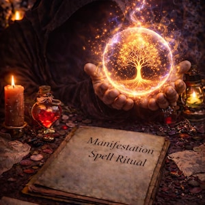 Pode incluir: Imagem mística com um orbe brilhante em mãos em concha. O orbe apresenta um desenho de árvore e emite luz. Um livro com o texto "Manifestation Spell Ritual" está em primeiro plano, junto com velas e poções.