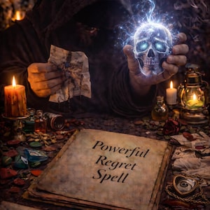 Może przedstawiać: Mroczny obraz przedstawiający postać w kapturze trzymającą świecącą czaszkę z niebieską energią. Widoczna jest księga zaklęć z napisem "Powerful Regret Spell", a także świece i inne mistyczne przedmioty. Scena ma tajemniczą atmosferę.