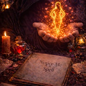 May include: An image of a mystical scene with a person in a dark hooded robe holding a glowing figure. The figure is surrounded by hearts. A stack of aged paper with the words "Notice Me Spell" is in the foreground.