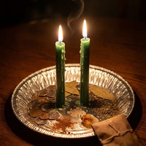 May include: Two green candles with lit flames sit on a silver tray with coins, spices, and a small brown package. Smoke rises from the candles, and the scene is set on a dark wooden table. The candles are dripping wax.