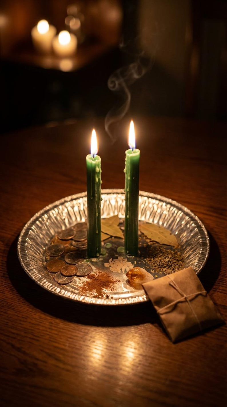 May include: Two green candles with lit flames sit on a silver tray with coins, spices, and a small brown package. Smoke rises from the candles, and the scene is set on a dark wooden table. The candles are dripping wax.