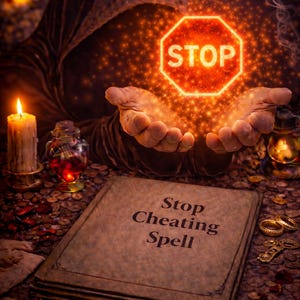 May include: A mystical image featuring a glowing stop sign held in cupped hands. An open book titled "Stop Cheating Spell" is visible. Candles and potion bottles create a magical atmosphere. The image has a dark, mysterious theme.