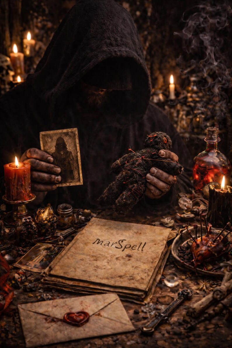 May include: A dark, atmospheric image featuring a hooded figure holding a voodoo doll and a vintage photograph. Lit candles, a bottle, and a book with the text "MarSpell" create a mystical scene. The overall theme suggests witchcraft or occult practices.