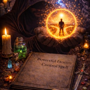 May include: An artistic depiction of a mystical scene. A person in a hooded cloak holds a glowing orb with a figure at a crossroads. A spell book with the text "Powerful Destiny Control Spell" is visible, along with candles and a dagger.