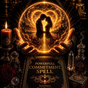 Könnte beinhalten: Ein schwarzes Buch mit dem Titel POWERFULL COMMITMENT SPELL und dem Text Bind hearts. Strengthen love. Seal the bond. Eine leuchtende Kristallkugel über dem Buch zeigt die Silhouette eines Paares, ein Herz und ein Tor vor einer Sonnenuntergangslandschaft.