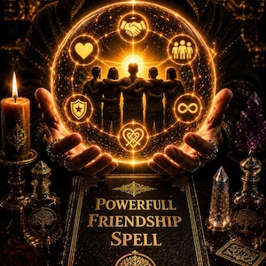 Puede incluir: Una esfera de cristal brillante sostenida por manos, que muestra cinco figuras con los brazos entrelazados y símbolos que incluyen un corazón, un apretón de manos y el infinito. Debajo, un libro negro con el texto dorado "POWERFULL FRIENDSHIP SPELL" y un icono de árbol.